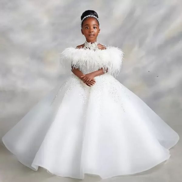 Luxurious Lace Beaded Flower Girl Dresses Ball Gown Sheer Neck Crystals Organza Lilttle Kids Birthday Pageant Weddding Gowns