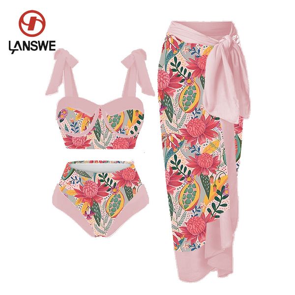 Damen Plus Size Bademode Lanswe Mode Frauen Split Badeanzug Vintage Pink Candy Flower Bikini Set Sexy Summer Beach Resort Brasilianisch 230207