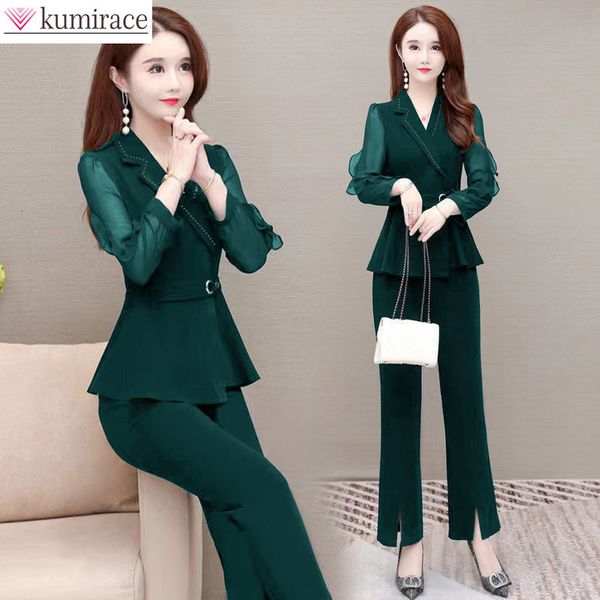 Calça de duas peças da mulher, calça elegante de moda coreana, capa de chiffon camisa de chiffon twoperiece Set Office Blazer 230207