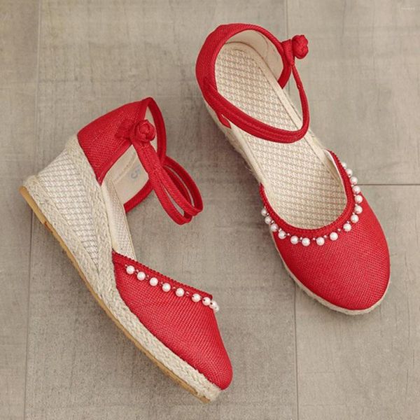 Sandalen Sommer Damen Leinen Plain Wedge Bohemian Handmade Damen Casual Bequeme Espadrilles Plateau Pumps Schuhe mit Perlen