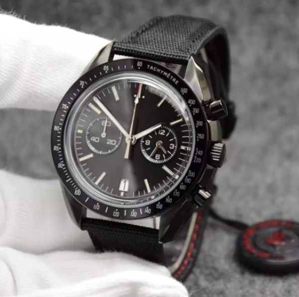 Novos rel￳gios masculinos de 44 mm quartzo cron￳grafo prateado black dial lunwatch couro band escuro lateral do anel mostrando marcas de tesouro designer de luxo de pulso