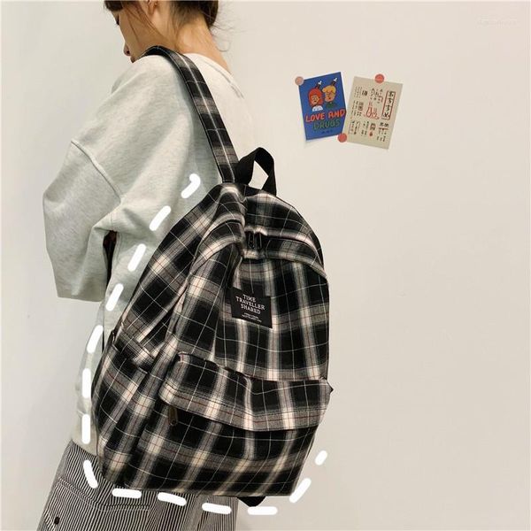 Okul çantaları kadınlar sırt çantası moda ekose tuval kolej öğrenci genç kız büyük kapasiteli su geçirmez seyahat sırt çantası
