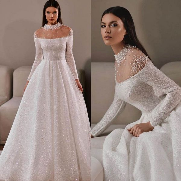 Abiti da sposa Abiti da sposa eleganti con perline e perle O-Collo Shine Abito da sposa in pizzo Custom Made Brush Train Robes De Mariee Vestidos De Novia