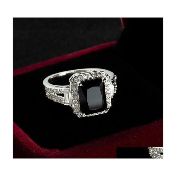 Solitaire Ring Real 925 Sier com carimbo para mulheres Black Zircon Stone Rom￢ntica J￳ias de noivado Anilos Mujer10 753 Q2 Drop del Dh1pg