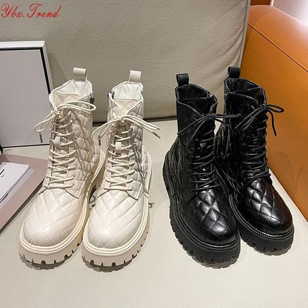 Botas de tornozelas de fundo grossa de renda de fundo de treliça Mulheres de couro moderno sapatos femininos de moda quente 2023 Inverno 571