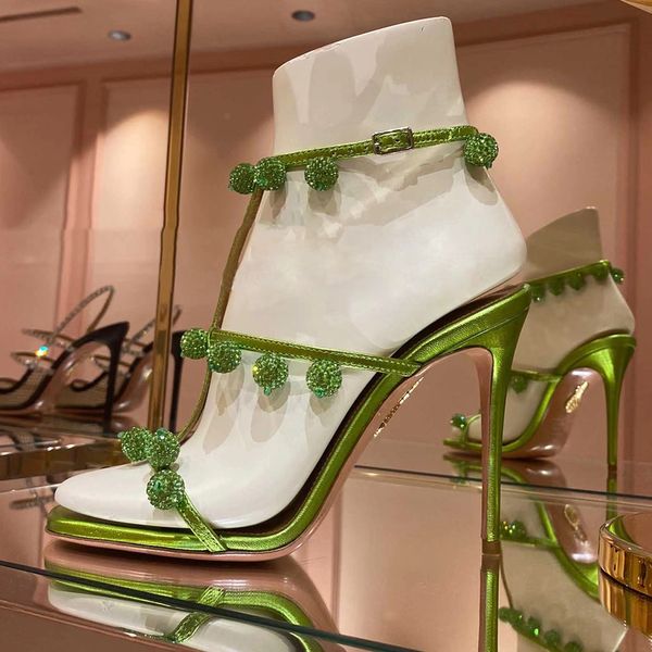 Neue AQUAZZURA-Sandalen mit hohen Absätzen, grüne Partykleid-Schuhe, Stiletto-Pantoletten, Diamantkugel, verziertes Metall-Schaffell, 95 mm, offene Zehenpartie, Damen-Luxus-Designer-Schuhe