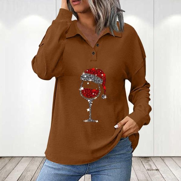 Camisetas femininas blusas de camisa feminina tops de gordura de vidro de vinho tinto de vinho tinto de lapela de lapidação de lapidação longa de manga longa