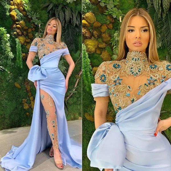 Abito da sera in cristallo di lusso Illusion Collo alto Manica corta Abiti da ballo Side Split Mermaid Celebrity Pageant Gown robe de soiree Custom Made