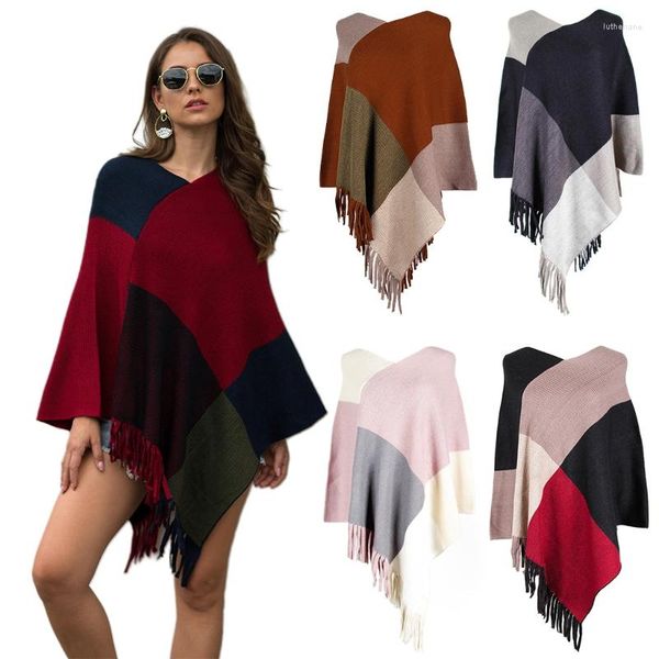 Lenços femininos bloco colorido poncho Cape Tamels assimétricos Bainha de malha de xale enrolar o suéter de pulôver solto vintage