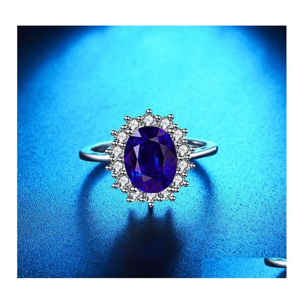 Bandringe erzeugt Blue Sapphire Ring Princess Crown Halo Engagement Hochzeit 925 Sterling Sier f￼r Frauen 2021 1227 T2 Drop Lieferung J DH7C0