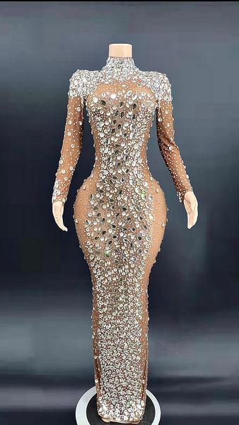 Abiti casual ZD Grandi strass Nude Trasparente longth Festa di nozze Prom Compleanno Celebrazione Cristalli Stage Cantante Host Mesh 230207