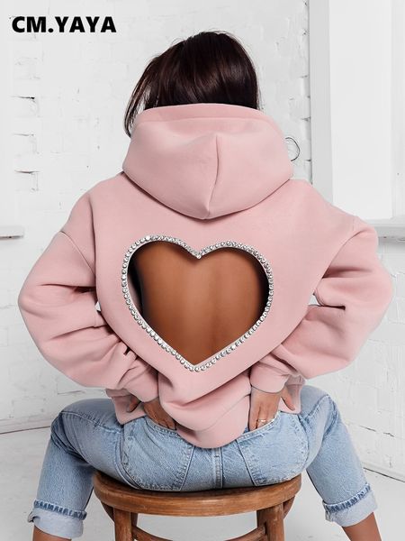 Herren Hoodies Sweatshirts CM YAYA Fashion Damen Diamonds Splicing Sweet Love Cutout Open Back Langarm Dick Warm Übergroßer Pullover Kapuzenpullover 230105