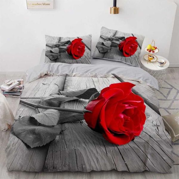 Conjuntos de cama Conjunto de confortos de poliéster Tampa de edredão 3D e travesseiros rosa vermelha home floral têxteis 2/3pcs roupas de cama