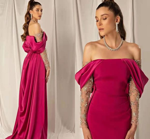 Elegante Off Schulter Fuchsia Abend Party Kleid Frauen Arabisch Perlen Kristall Langarm Formale Prom Kleider Vestidos Fest 2023