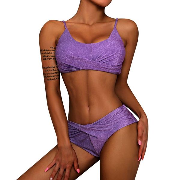 Damen-Badebekleidung, Bikinis, Damen-Bikini, hohe Taille, geteilter Badeanzug, zweiteilige Strandbekleidung, Lurex-Damen, lila Badebekleidung, Tankinis, sexy