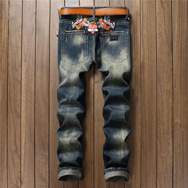 Männer Jeans Fashion Sommer Winter Rose bestickt mit Jean Slim Fit Printed Jeans Biker Denim Hosen