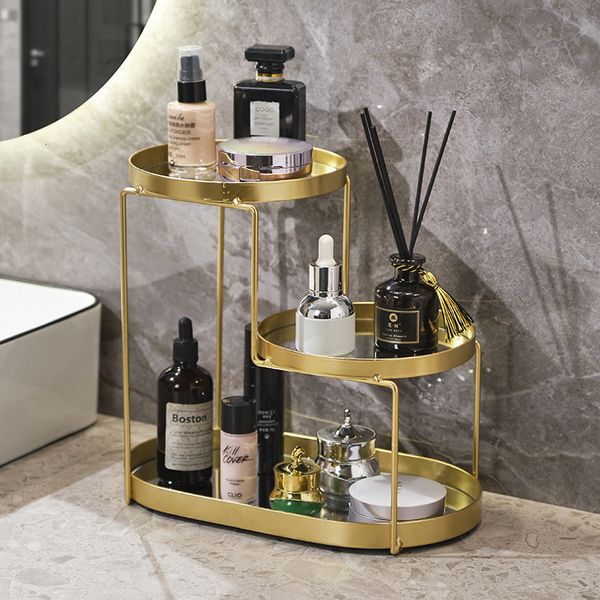 Badezimmerregale, nordisches Desktop-Kosmetik-Aufbewahrungsregal, luxuriöses Schmiedeeisen-Make-up-Tablett, Schminktisch, Finishing-Rack, Organizer 230207