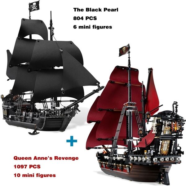 Bloqueia o Black Pearl and Queen Anne's Revenge Ship Building Blocks Toy Birthday Birthday Christmas Gift Compatible 4195 4184 230206