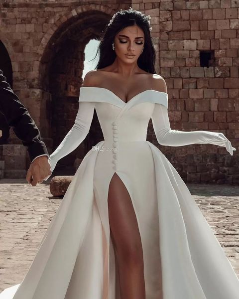 Abiti da sposa A Line Graceful 2023 Off The Shoulder Neck Abiti da sposa con treno staccabile Side Split Satin Vestido De Novia265J