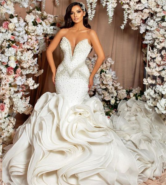 Vestido de noiva de sereia de luxo trem de trem de renda de renda de renda com contas de cristal vestido de noiva vestidos de novia 2023 manto personalizado de Mariage
