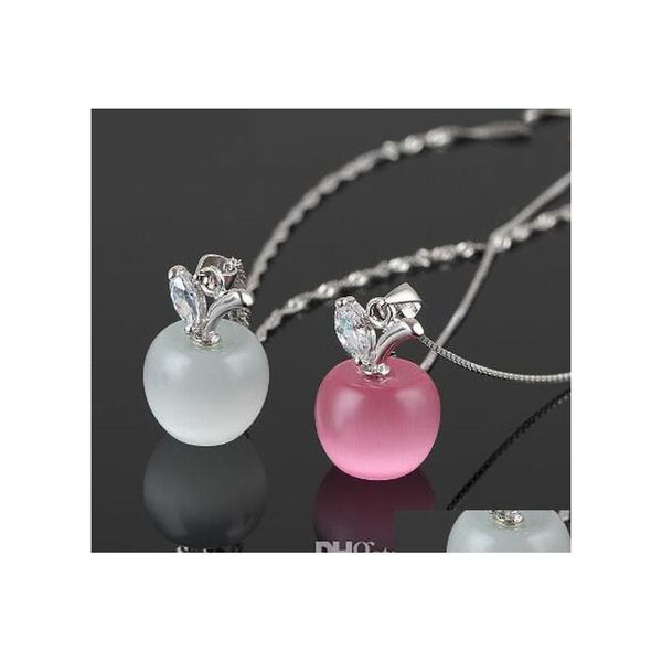 Colares de pingentes de pingente ador￡vel colar de ma￧￣ branca opala rosa para mulheres garotas cadeia de gatos fofos de olho charme de pingentes de pingentes collier fashio dhnox