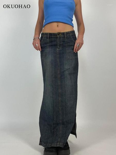 Röcke Jeans Frauen Gestreiften Vintage Gerade Denim Rock Kleidung Weibliche Y2k High Street Split Gabel Lange Feste Streetwear