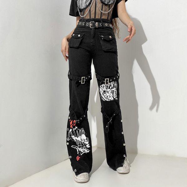 Jeans da donna Hippie Stampa comica Punk Pantalone Abbigliamento grunge Moda coreana Donne dritte Streetwear Y2k Estetica gotica anni '90 230206