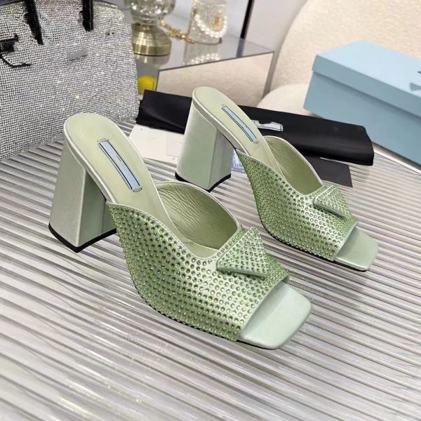 Pantofole Ciabatte Scarpe Donna Scivoli Tacchi alti Scarpe Fabbrica Calzature Strass vera seta Chunky Block Slip-On Open Toe Designer di lusso con scatola