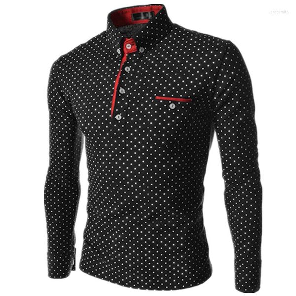 Polo da uomo Polo da uomo Camicie 2023 Autunno Uomo Moda Camicia a maniche lunghe a pois Bottone maschile Henley Neck Casual Slim Fit Camisa