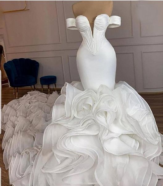 Vestido de noiva vintage do ombro Ruffles Mermaid Vestido Bouquet Lacta Longa Up Vestidos de Novia Made Made de Mariage