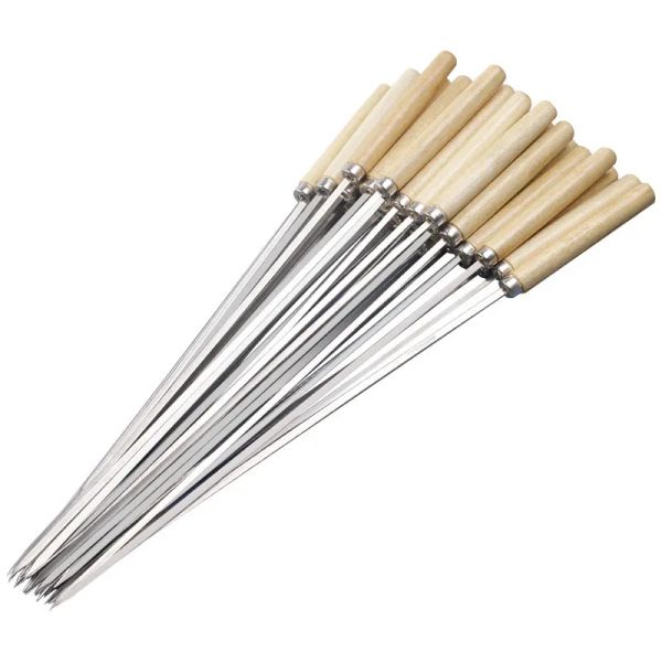 Accessori per utensili per barbecue Spiedino per barbecue Manico in legno Spiedini per Kabob in acciaio inossidabile Cucina da campeggio esterna Strumenti per barbecue Bastoncini per barbecue piatti