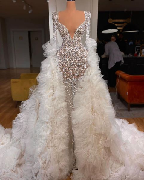 Vestidos de noiva de sereia de luxo Vestidos longos V Diamantes de pesco￧o Diamantes Apliques vestidos formais de babados em camadas vestidos de noiva Vestido de Novia Custom