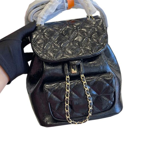 Modische Tasche für Damen, Vintage-Rucksack aus Ölwachs-Leder, französischer Designer, klassisch, gesteppt, kariert, Hardware, Schnalle, Kettentasche, Schultergurt, luxuriöse Schultaschen