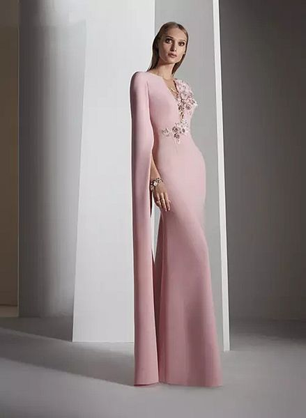 Elegante lange rosa Meerjungfrau-Abendkleider, Cape-Ärmel, 3D-Blumenapplikation, durchscheinende rückenfreie Knöpfe, bodenlanger Satin, formelle Kleider für Damen, Abschlussball, besondere Anlässe
