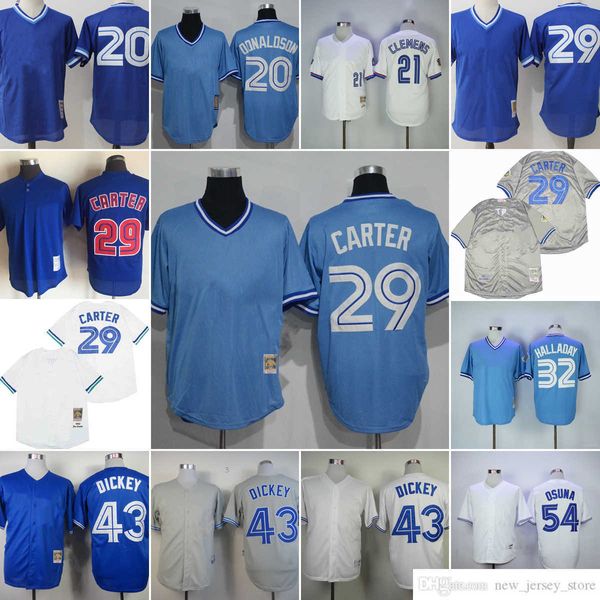 Filme Vintage 29 Joe Carter Camisas de beisebol costuradas 43 R.A.Dickey 20 Josh Donaldson 21 Roger Clemens 32 Roy Halladay 54 Roberto Osuna 55 Martin