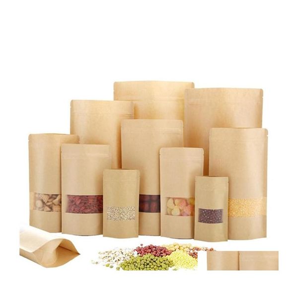 Bolsas de embalagem 100 PCs/lote kraft saco de papel alimentos com z￭per ￠ prova de umidade Stand Up Reutilable bolsas de veda￧￣o com queda de janela transparente de dh7ya