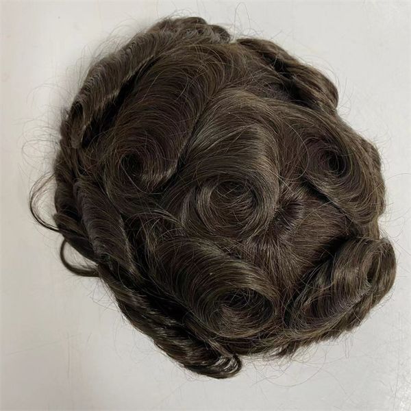 Substituição européia de cabelo humano virgem cor marrom escuro #2 nó de onda de 32 mm Pu Toupees para homens