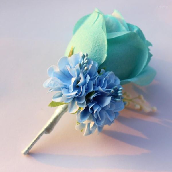 Fiori decorativi 4 pezzi Boutonnieres da sposa Colore blu cielo Sposo Groomsman Spilla Spilla in seta Rosa Corpetto Decoro Calla Fiore