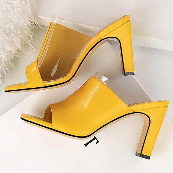Hausschuhe 2023 Frauen 8,5 cm High Heels Maultiere Gelb Rutschen Weibliche Block Silber Sexy Sommer Qualität Transparente Schuhe