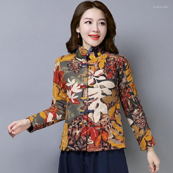 Abbigliamento etnico floreale caldo cheongsam top collo alla coreana vestito di linguetta stampa cappotti di cotone 2023 inverno donne orientali in stile cinese 11899