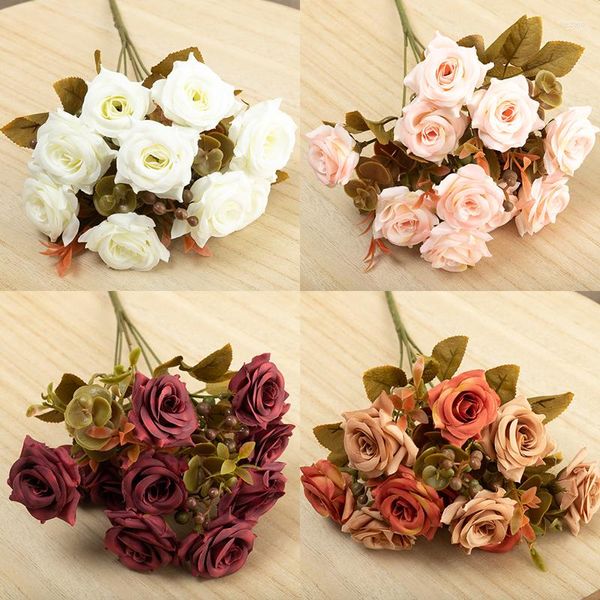 Flores decorativas Rose Silk Rose Artificial Flower Festy Bride Bride Holding Decoration Bouquet Room Garden Arranjo de jardim Fake Mini Bud