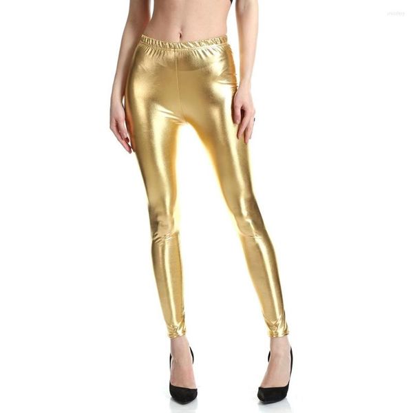 Pantaloni da donna Leggings fitness brillanti Sexy Lady PU Ecopelle Skinny Silver Golden Metallic Bright Paillettes