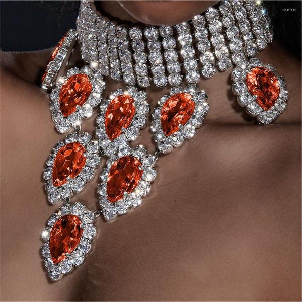 Cadeias Ins moda Bling laranja largo grande colar de pingente de cristal Dinner de festa super flash jóias atacado