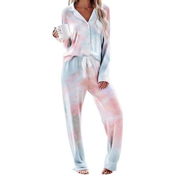 Sleepwear feminino Duas peças Conjunto de gradiente de cor sólida calças vil de cola longa de manga longa Conjuntos casuais