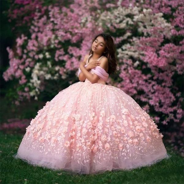 Moda 3d Pembe Flora Kızlar Pageant Elbise Balo Elbise Omuz Kapalı Dantel Aplikler Püskürtme Uzun Çocuklar Yeniden Toddler Resmi Çiçek Kız Elbise