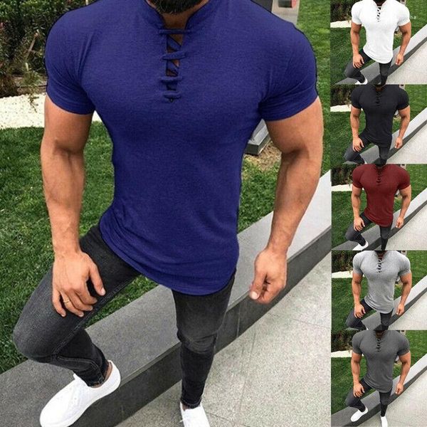 Erkek Tişörtleri Sıradan T-Shirt Üstler Kısa Kol V-Yok İnce Fit Kas Özlü Giysileri