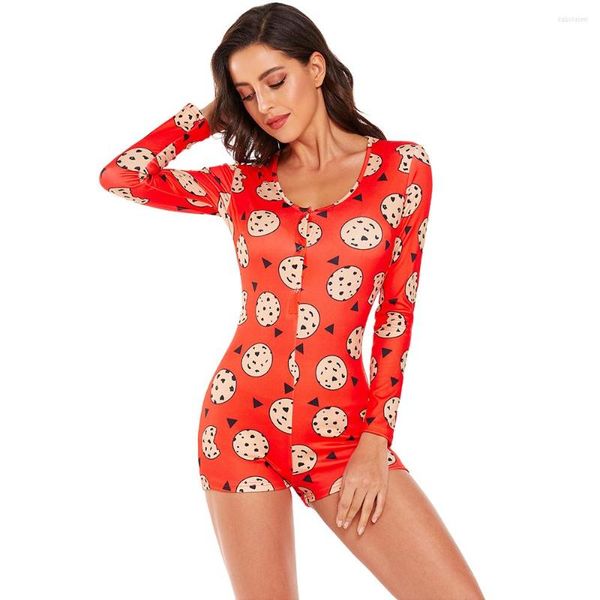 Kadın Tulumları OMSJ 2023 Uzun Kollu Skinny Romers Kadın Gündelik Kırmızı Kurabiye Baskı Nightwear Playsuit Kadın Seksi V-Yok Bodycon Kıyafet