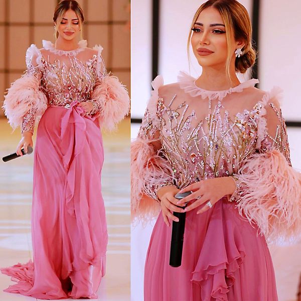 Arabisch Aso Ebi Chiffon A-Line Prom Kleider Perlen Kristalle Feder Abend formelle Party zweite Rezeption Geburtstag Engagement Brautjungfernkleider Kleid ZJ205 407