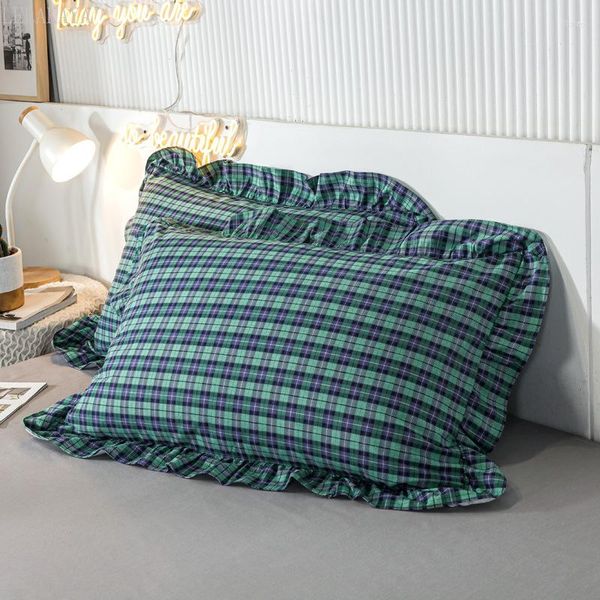 Federa per cuscino 2 pezzi Fodera in cotone a strisce scozzesi Stile principessa europea Ruffle Trim 48x74cm Tessili per la casa Federa in tessuto morbido per dormire