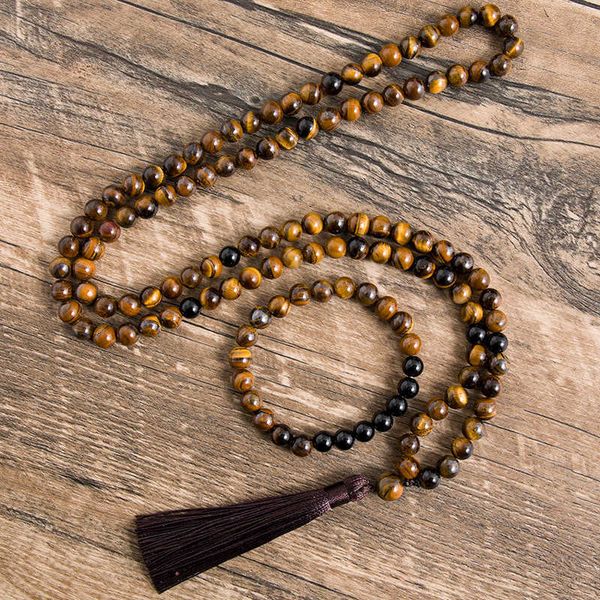 Collane a sospensione 8mm Giallo Naturale Occhi tigre naturale Onyx Meditazione Meditazione Yoga Gioielli 108 Japa Mala Bracciale per perline Bracciale maschile e donne G230206